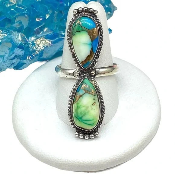 Peacock Dahlia Kingman Turquoise Ring Size 10.5 Solid 925 Sterling Silver Green - Picture 9 of 9